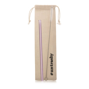 Pink glass straw with cleaning brush and linen bag
