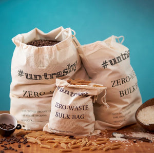 Calico food bags containing coffee and pasta