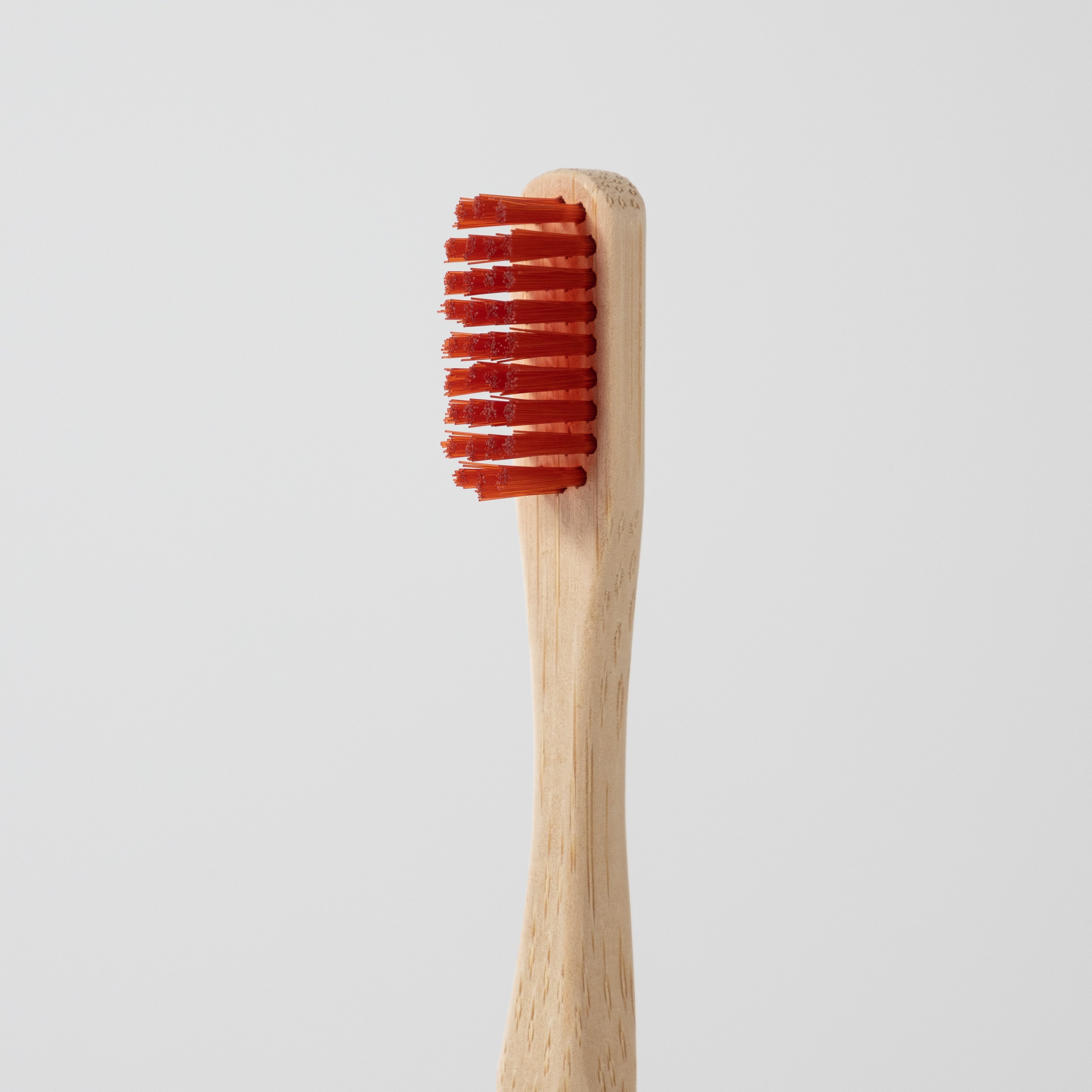 Red bristles of bamboo toothbrush