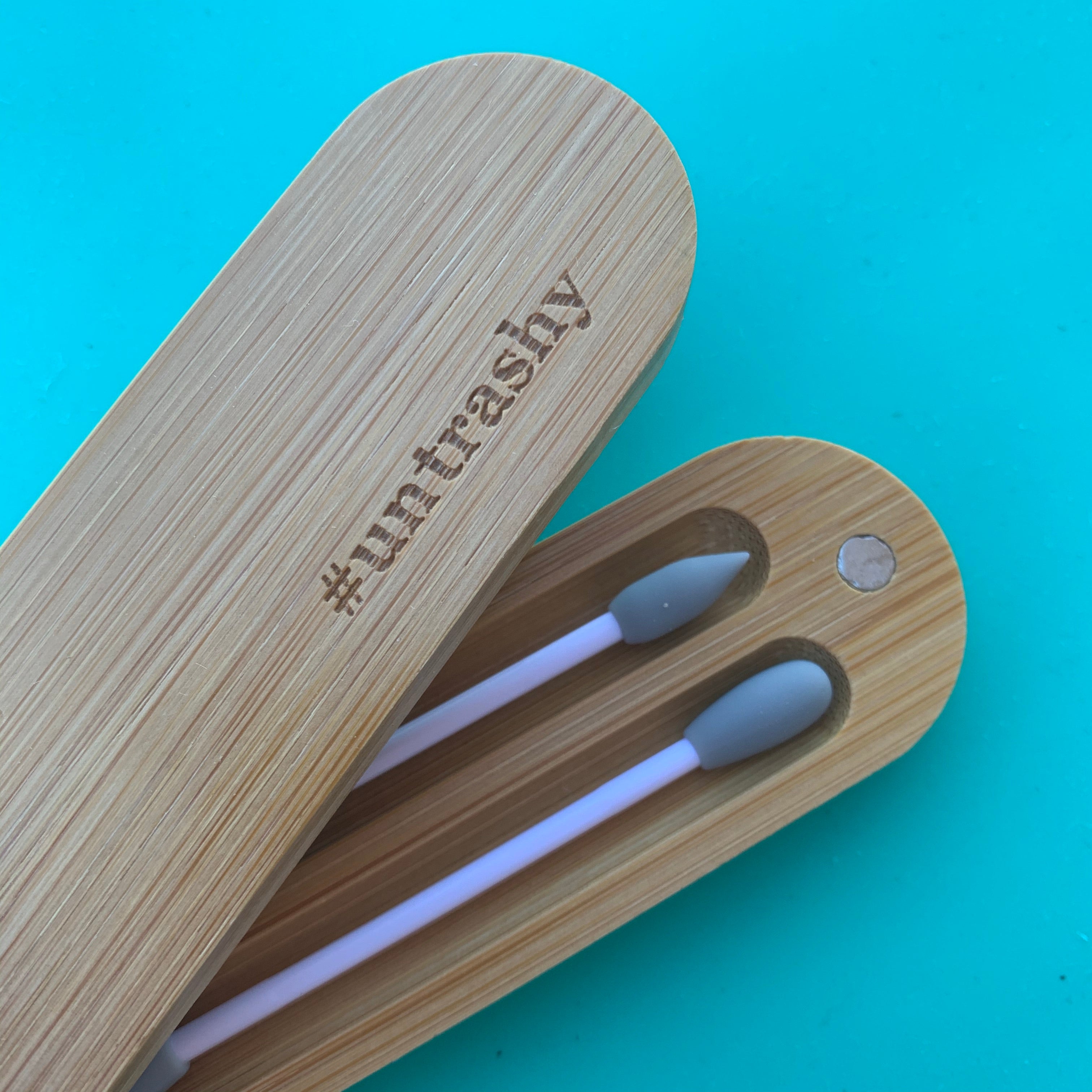 reusable silicone ear swabs in bamboo case