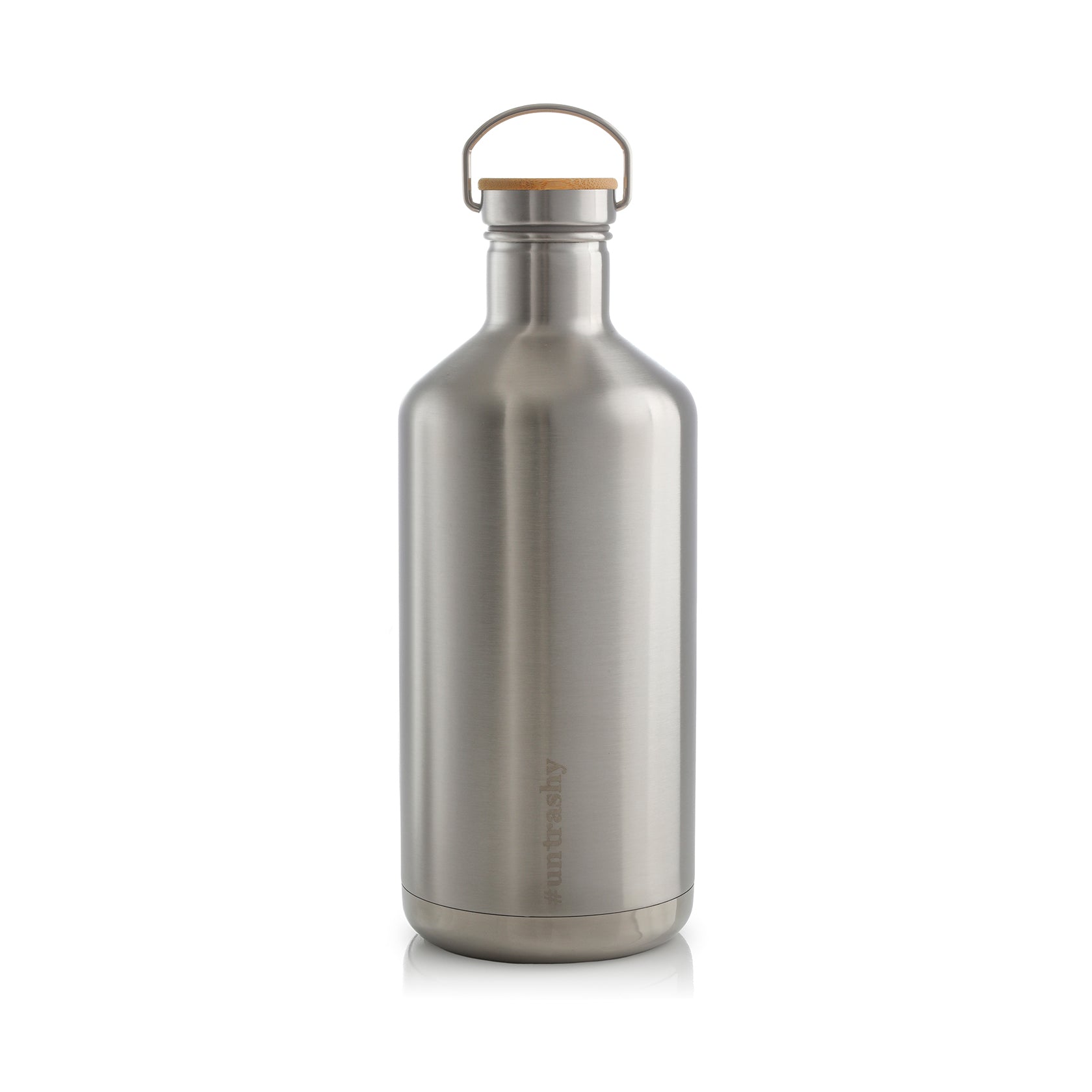 silver #untrashy 1.9 litre drink bottle with lid on