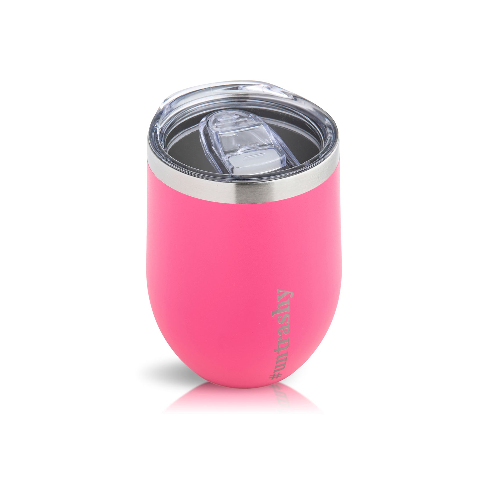 Pink coffee or wine cup with lid on a white background