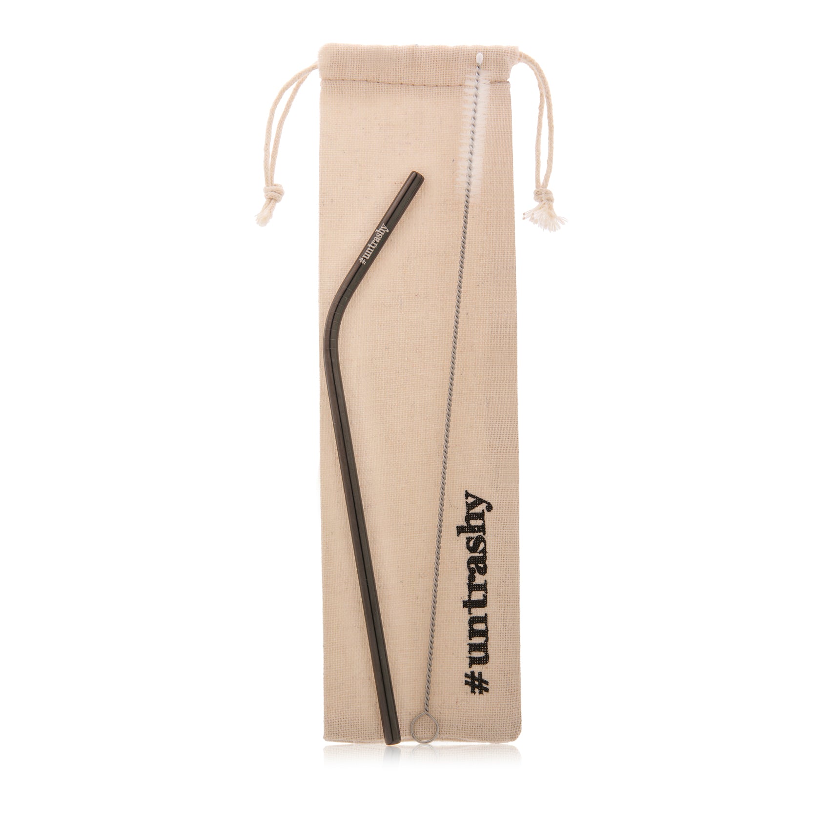 black stainless steel bent straw with linen bag and cleaning brush