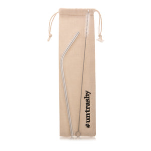 Stainless steel bent straw with linen bag and straw cleaner