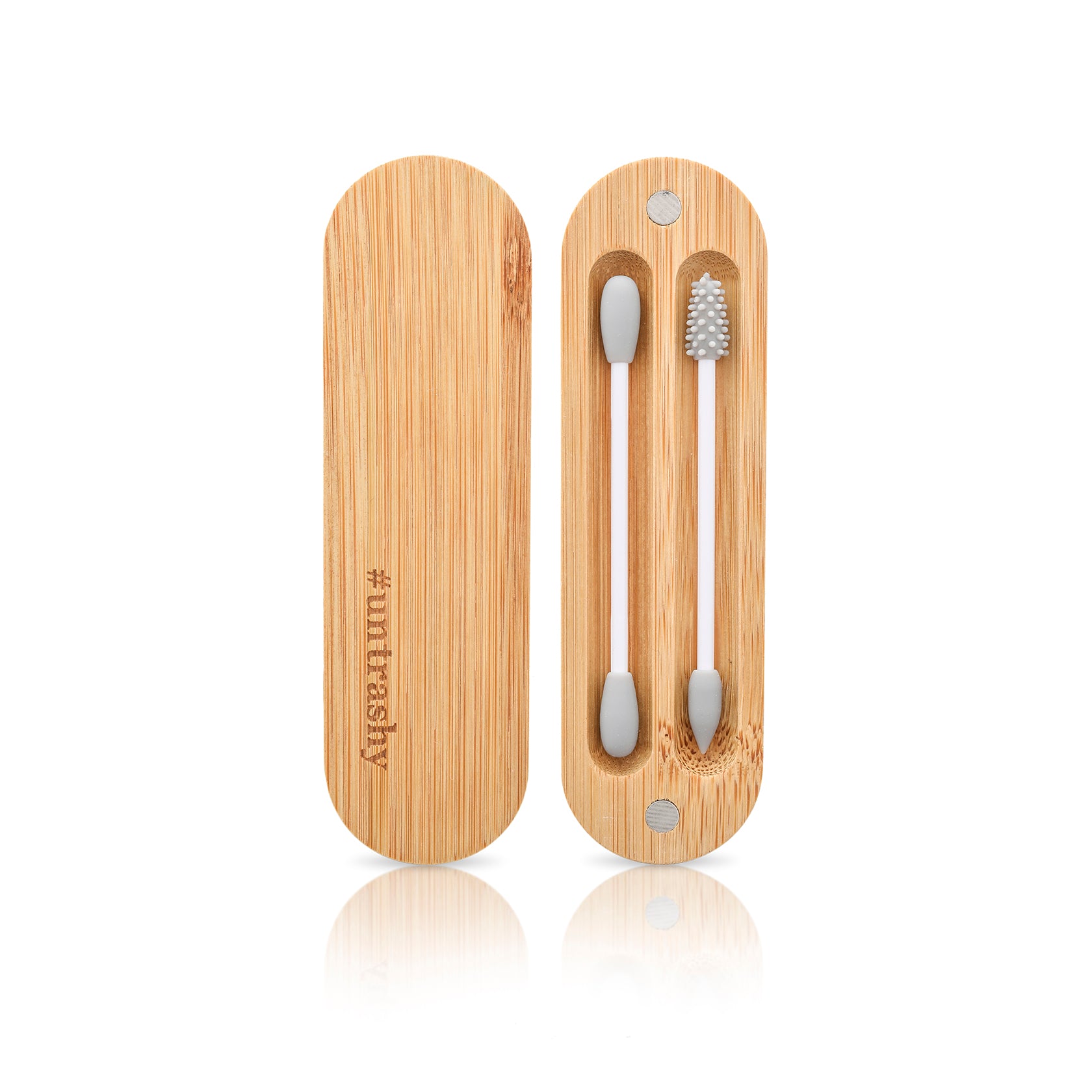 ecommerce photo of a 2-pack of reusable ear buds in bamboo case